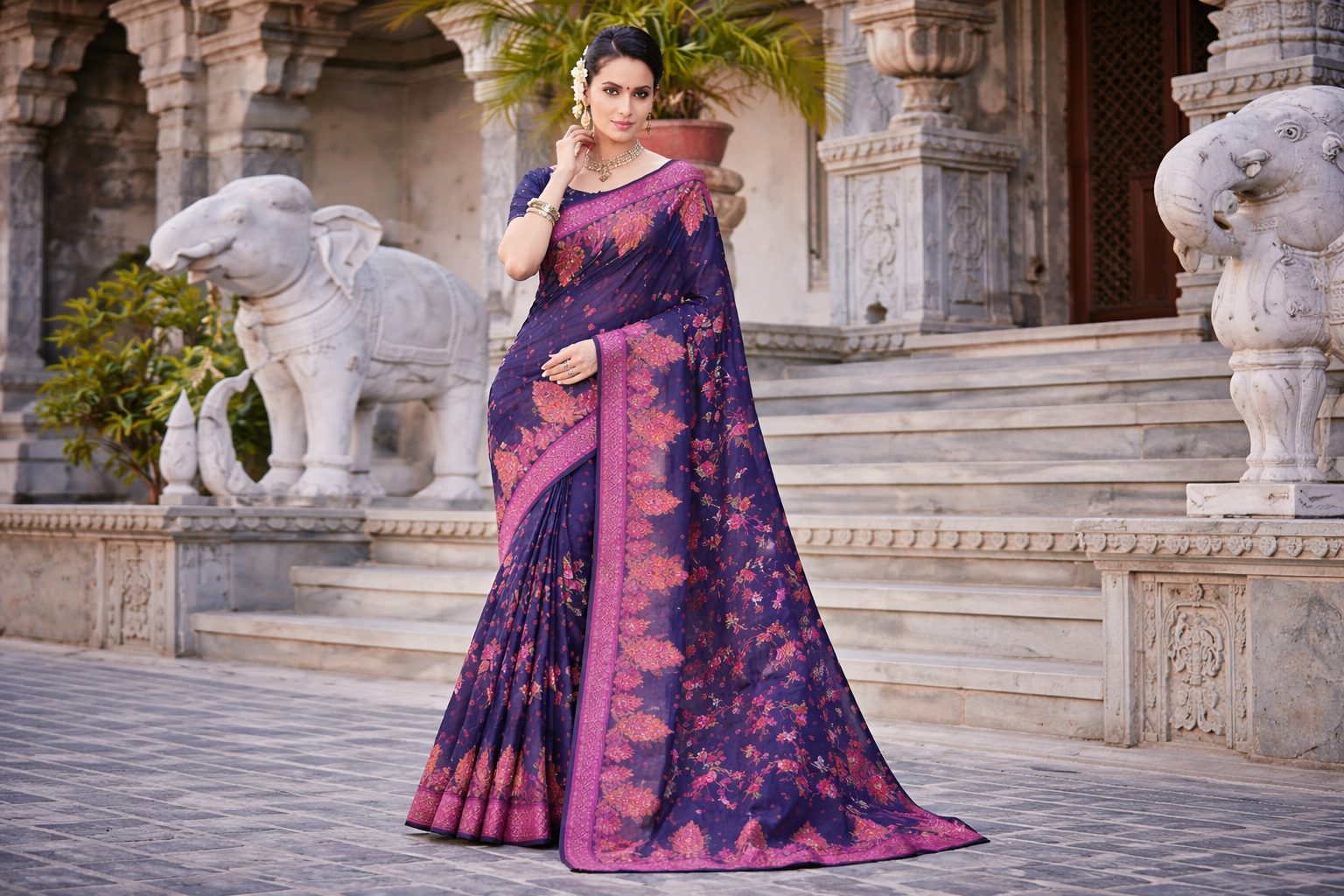 Cotton Banarasi Saree in Royal Blue with resham work